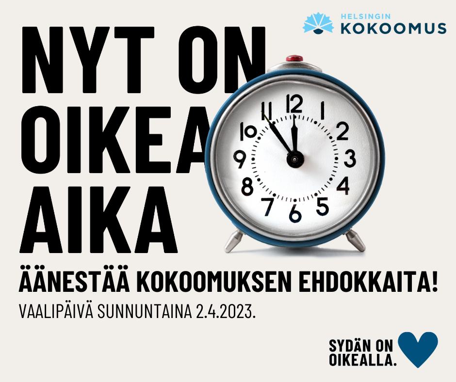 Nyt on oikea aika äänestää kokoomuksen ehdokkaita! Vaalipäivä sunnuntaina 2.4.2023.